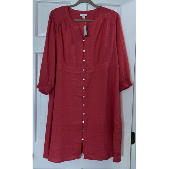 J. Jill Dresses & Skirts - J Jill Button Up Dress Large Linen Blend Midi Guava Pink Cottage Core Coastal